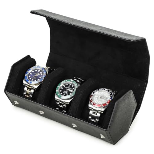 腕時計ロール 3本用 六角型レトロ 本革時計ケース 腕時計収納ケース ベルベットインテリアレザーメタルラバー 時計携帯 旅行 出張 持運び 耐衝撃 ギフト プレゼン Black 7798749 a