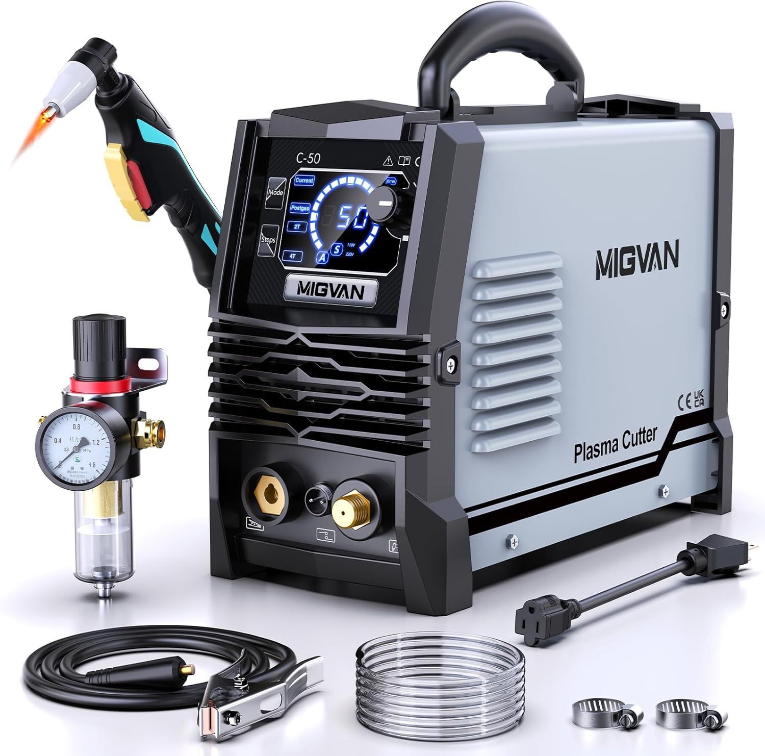 プラズマカッター 100 v 200 v兼用 使用率60％ 50 A 高周波数 プラズマ切断機 インバーター搭載 エアプラズマカッター 2 T|4 T DIY 小型軽量 LED液晶表示 日本語取扱説明書付き の切断機 C-50