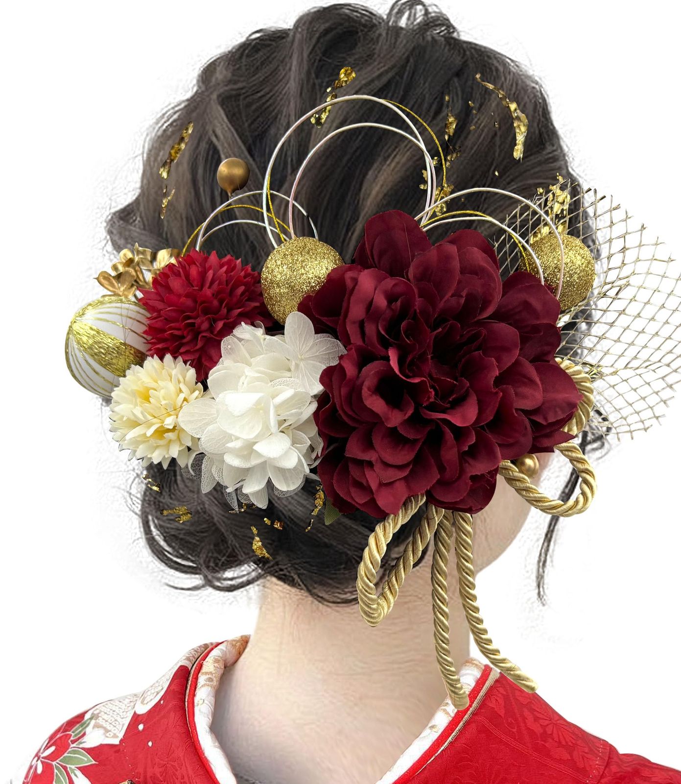 新品 [JZOON] 成人式 髪飾り【10色展開】 ドライフラワー ダリア あじさい かすみ草 造花飾り ヘアアクセサリー 和玉 赤 ゴールド 水引 ヘッドパーツ 振袖 着物 卒業式 七五三 浴衣 袴 結婚式用 手作り 専用ケース付き Y3330