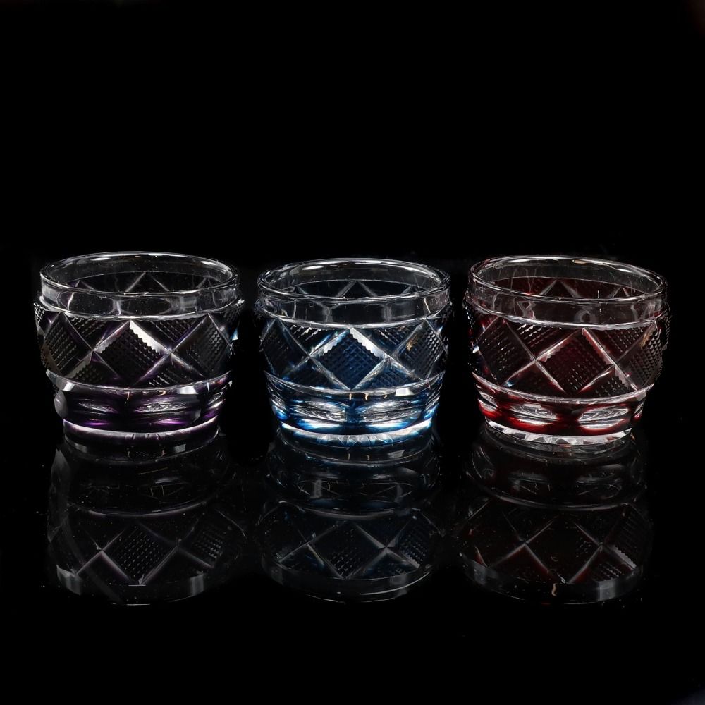 尚古集成館 監修 復元 薩摩切子 猪口 三個組 紅被せ 藍被せ 紫被せ ガラス _ 食器