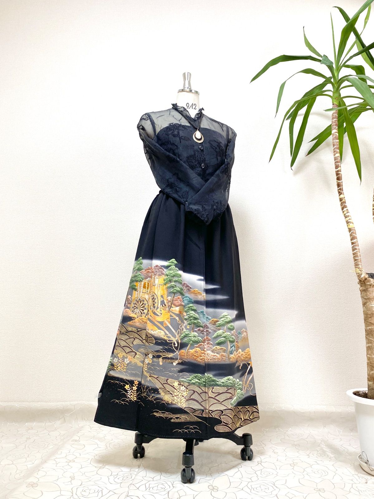 大人可愛いセレブ着物スカートフリーサイズ黒留袖着物リメイクウエスト