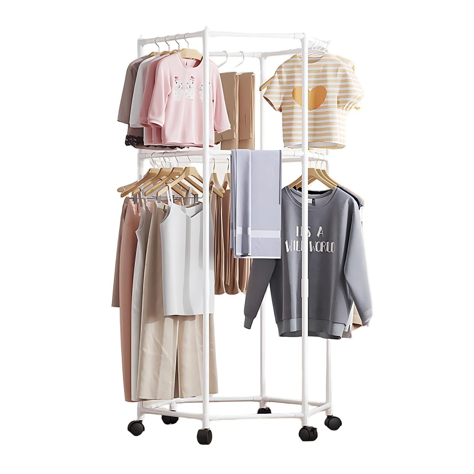 新品 Tidy Space 回転式ハンガーラック 洗濯物干し 洋服ラック キャスター付き 360度回転 六角形 おしゃれ 省スペース 組み立て簡単 バルコニー、リビングルーム、小さなアパート、賃貸住宅に適しています(ホワイト六角形 2段タイプ)