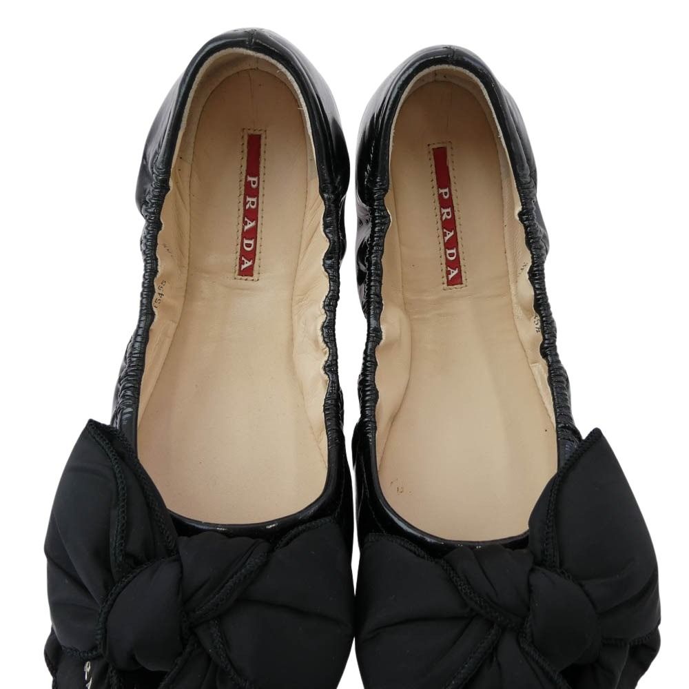 【美品】PRADA プラダ リボンパンプス ローヒール バレエシューズ 37 PRADA プラダ 3F5455 ロゴパファーリボン パンプス バレエ シューズ