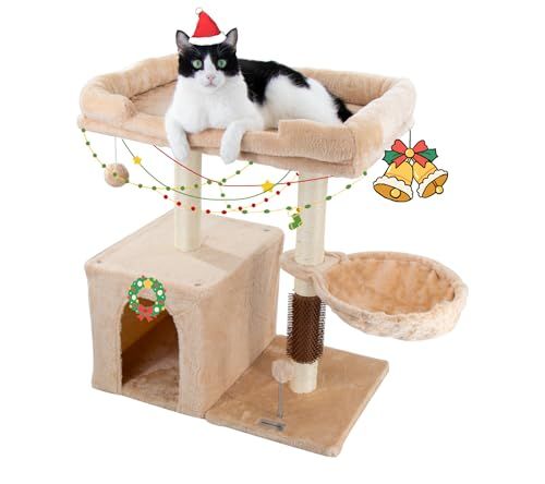 Hapineko ハピネコ キャットタワー ミニ 猫タワー 小型 低い 小さめ コンパクト セルフグルーマー 爪とぎ ポール2点 見おろし展望台 隠し部屋付き ハンモック 高さ72 CM L ベージュ ee 0 e 3 a 9 b