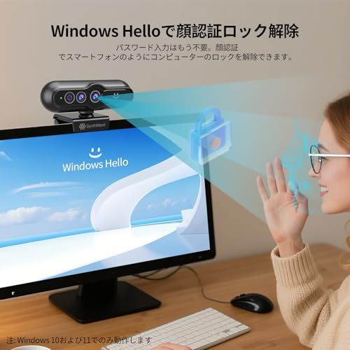 2 K Windows Hello ウェブカメラ 顔認識カメラ 会議やビデオ通話用の USB ノイズ低減マイク 自動光補正 84° 広視野角 スライド式プライバシーカバー Micros a 1 d 05142