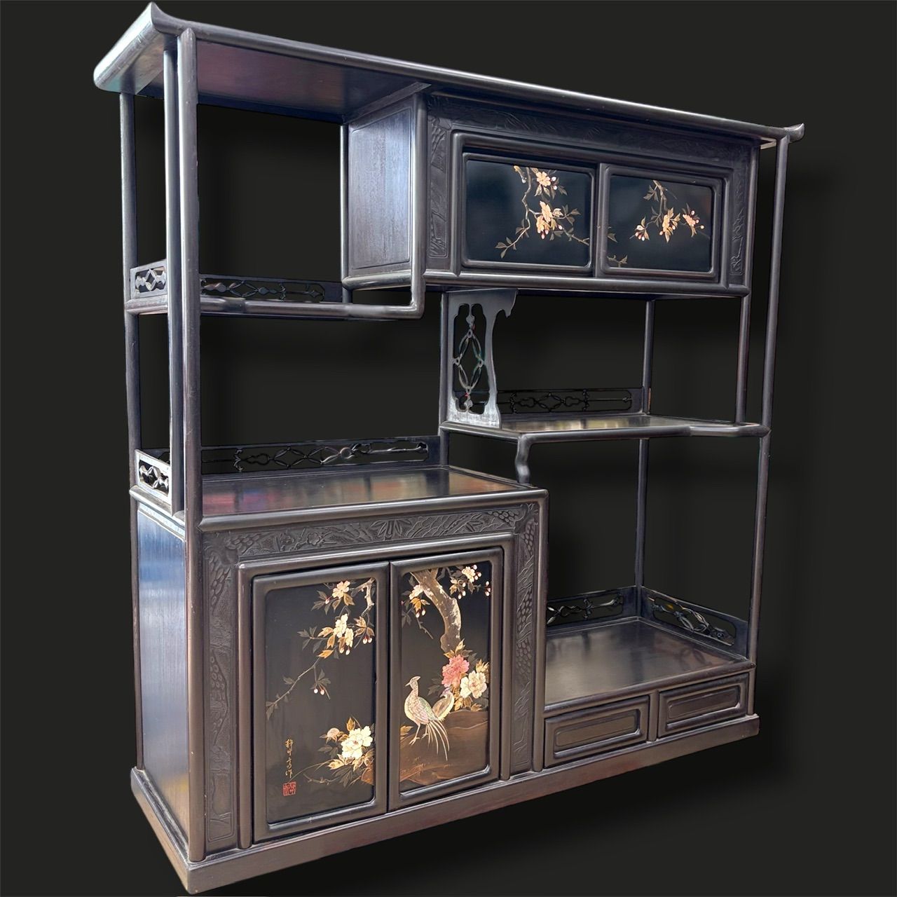 漆塗り調 花鳥図 和家具 収納棚 飾り棚 古家具 和モダン 漆塗り