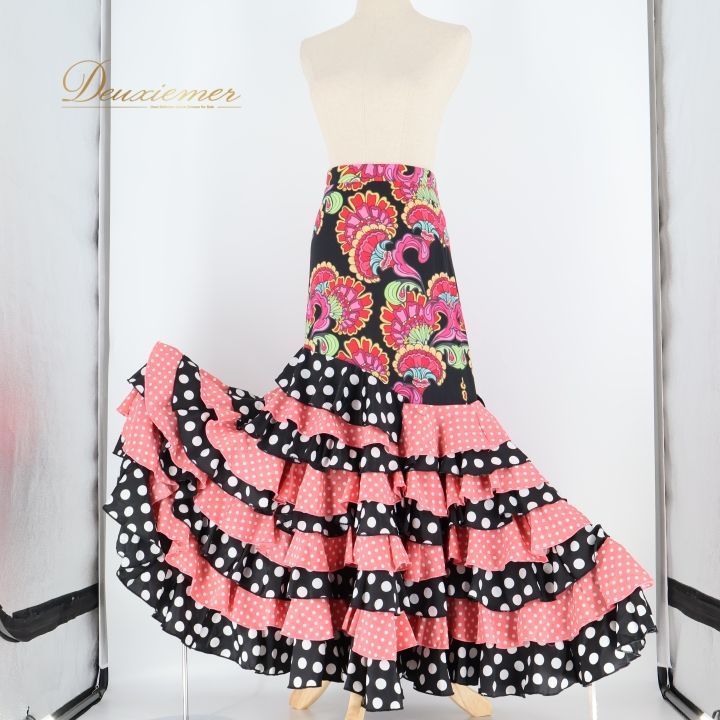 フラメンコ 衣装 ファルダ スカート 黒 ピンク 水玉 ドット 柄 模様