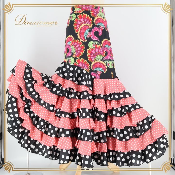 フラメンコ 衣装 ファルダ スカート 黒 ピンク 水玉 ドット 柄 模様