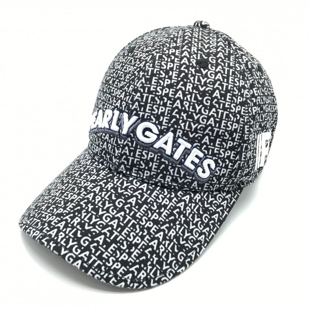 超美品】パーリーゲイツ キャップ 黒×白 ロゴ総柄 汗取りパッド付 立体