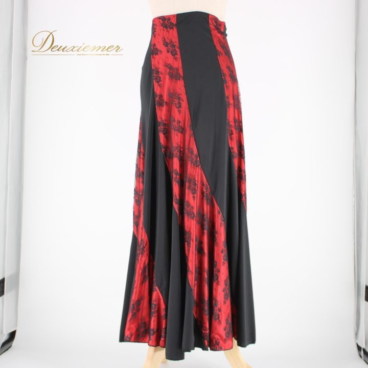 【美品 社交ダンス衣装】レッド create-sun スカート 赤 ブラック 黒 社交ダンス 衣装 スタンダード スカート レッスンウェア 練習着 赤 黒