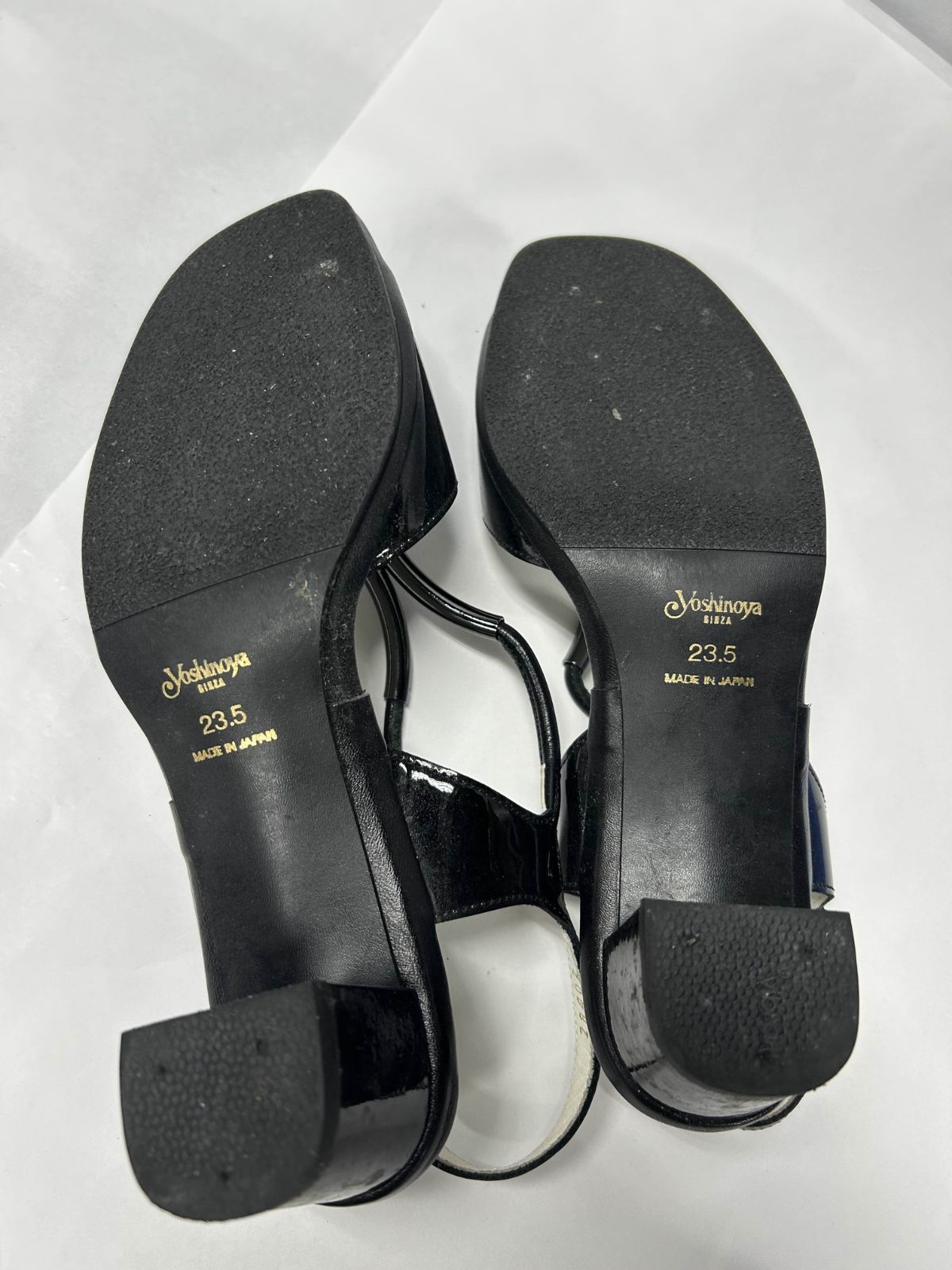 銀座ヨシノヤ サンダル 23.5 黒 エナメル ストラップ ヒール 日本製