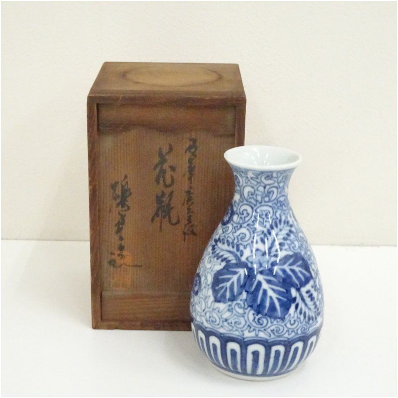 河本礫亭造 染付桐唐草文花瓶（共箱） 花器 おしゃれ かわいい