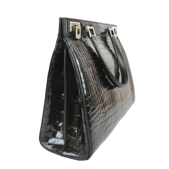 RA認定 シャイニングクロコダイル ハンドバッグ ワニ革 ブラック 日本