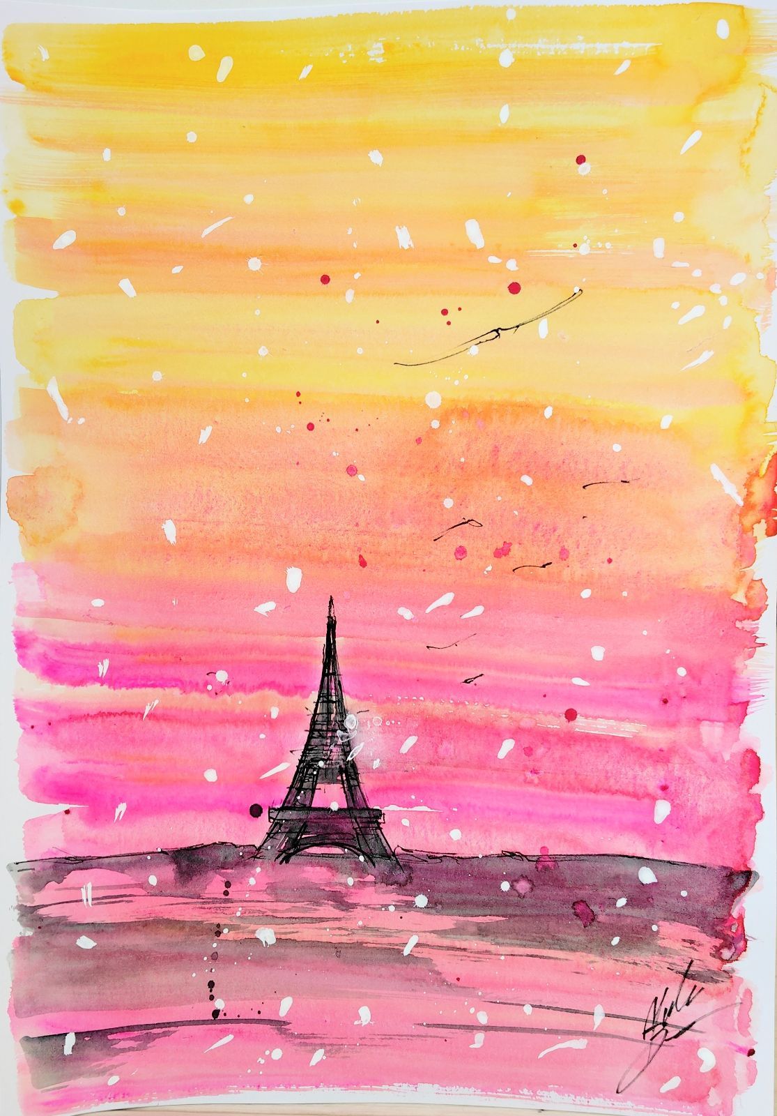 原画#3271 雨 花 パリ フランス 水彩画 ドローイング インテリア