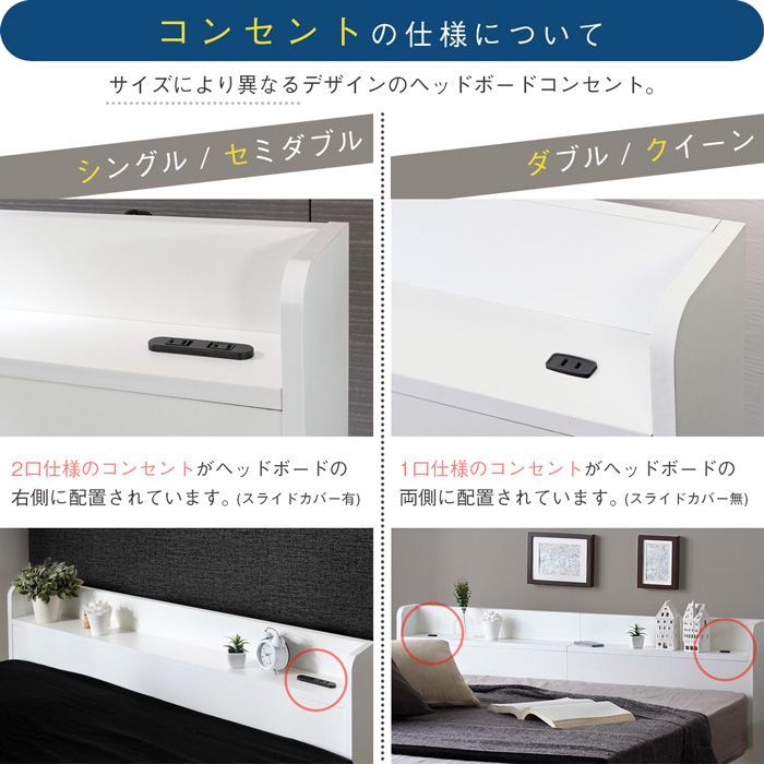 棚・コンセント付き収納ベッド RUES ルース クイーンサイズ フレーム