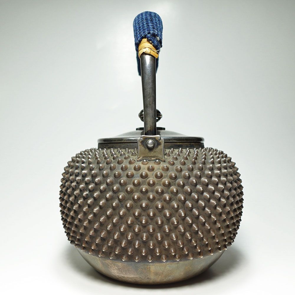 ☆望月形 純銀霰湯沸 銀瓶 共箱付 純銀刻印 約504g 時代物 茶道具 煎茶