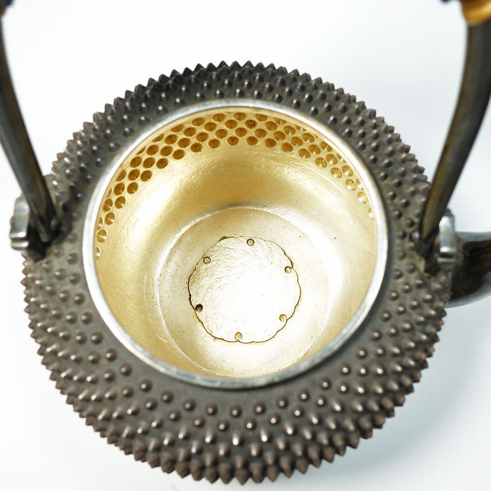 ☆望月形 純銀霰湯沸 銀瓶 共箱付 純銀刻印 約504g 時代物 茶道具 煎茶