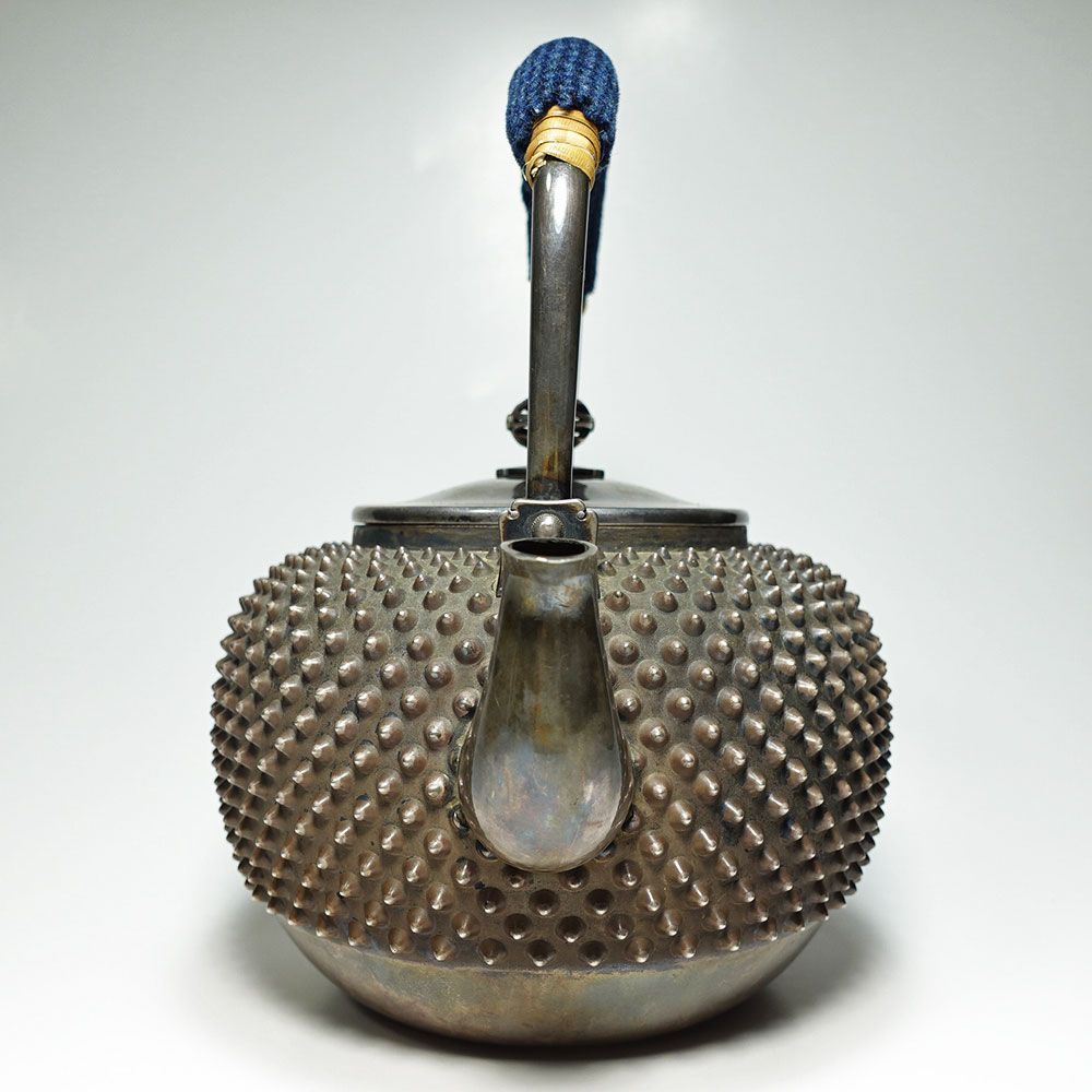 ☆望月形 純銀霰湯沸 銀瓶 共箱付 純銀刻印 約504g 時代物 茶道具 煎茶