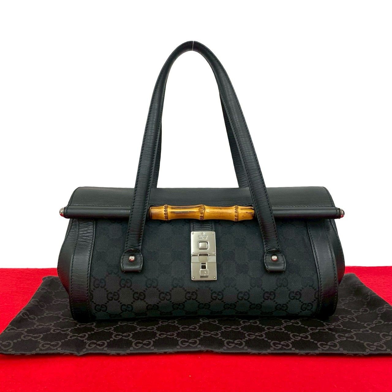 極 美品 保存袋付 GUCCI グッチ バンブー GG ロゴ 柄 レザー 本革