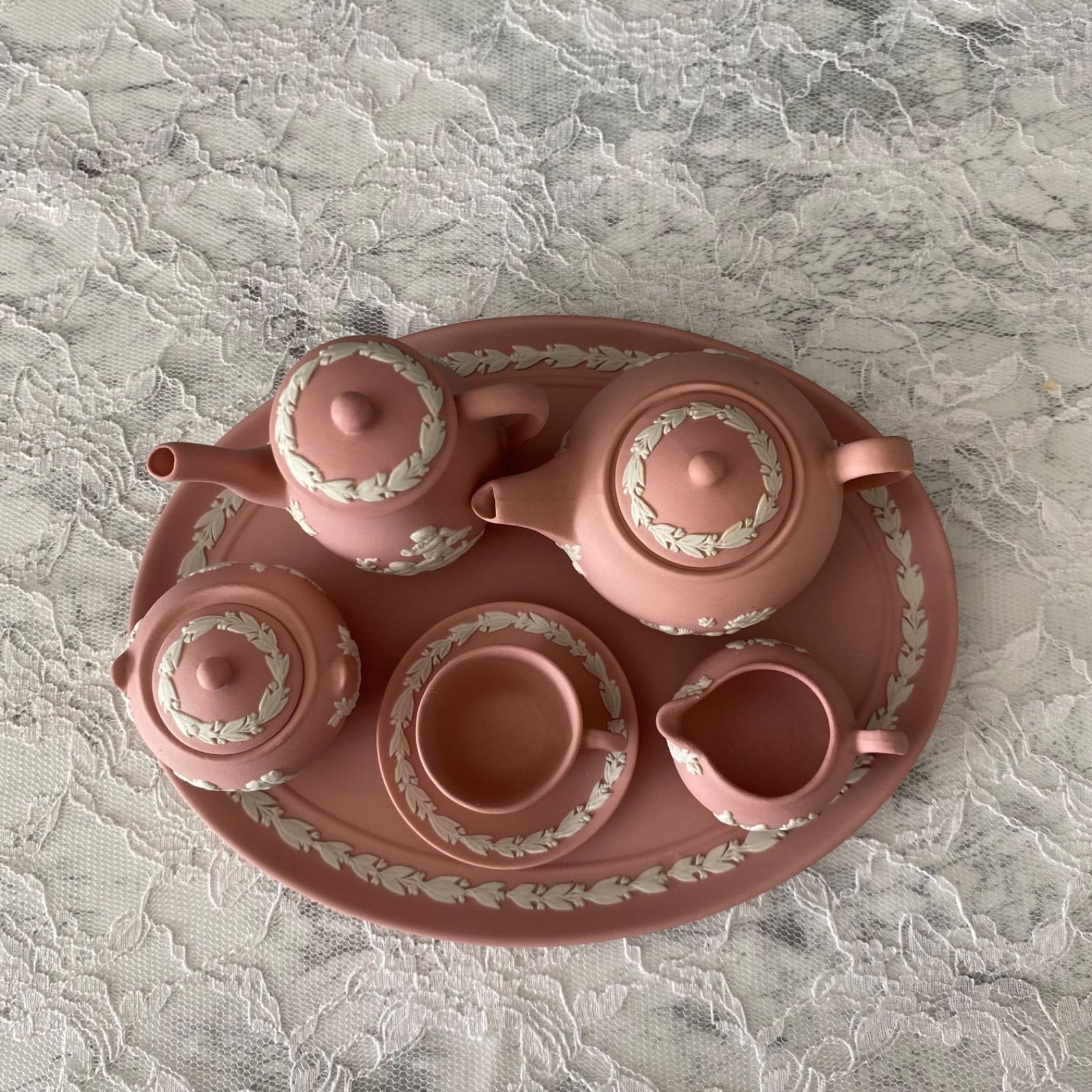 英国製 ウェッジウッド ピンクジャスパーミニチュア ティーセット