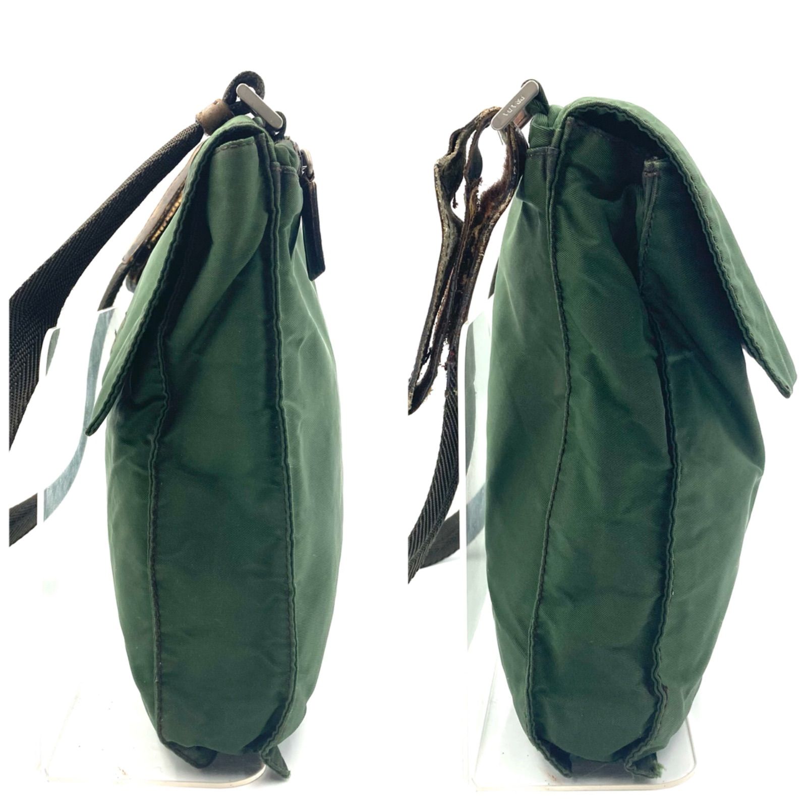 ✨人気✨プラダ　サコッシュ　ショルダーバッグ　三角ロゴ　ロゴプレート　白タグ　緑 正規品 PRADA プラダ ショルダーバッグ サコッシュ三角ロゴ カーキ