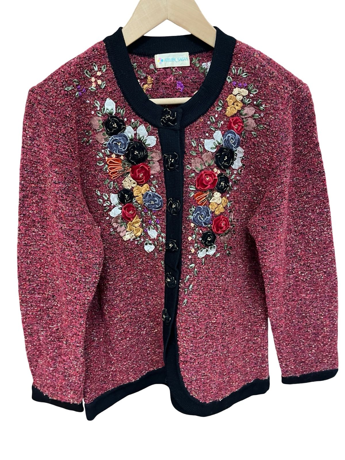 ATELIER SAGAN★　花モチーフ　モヘアシルク　ニットカーディガン　L ATELIER SAGAN☆ 花モチーフ モヘアシルク ニットカーディガン L