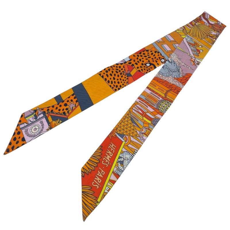 エルメス HERMES ツイリー ANIMAPOLIS オレンジ シルク レディース