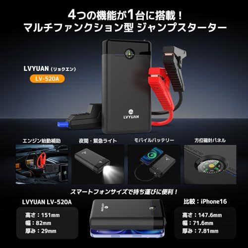 LVYUAN ジャンプスターター 10 000 mAh 大容量バッテリー ピーク電流1500 A DC 12 V対応 最大8.5 Lガソリン車 6.5 Lディーゼル車まで対応 外部電源供給機能付き LED照明 超コンパクト として使える 391045 d 0