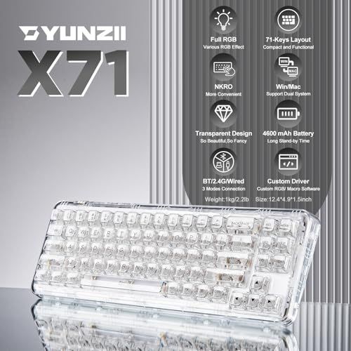 YUNZII X 71 メカニカルゲーミングキーボード 透明キーキャップ 71キー 68%配列 ワイヤレス ホットスワップ対応 BT 5.0|2.4 G|USB-C ガスケット搭載 RGB 無線 Windows|Mac用 技適認証取得 クリ 032 af 781
