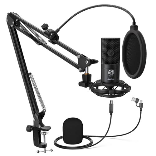FIFINE USBマイクセット コンデンサーマイク ゲーミングマイク 単一指向性 アームスタンド付き 三脚スタンドなし ポップガード付き 配信用マイク ABタイプ USBケーブル PC用 Skype 録音 ゲーミング ライブ配信 4 cc 5 a 3 c 2