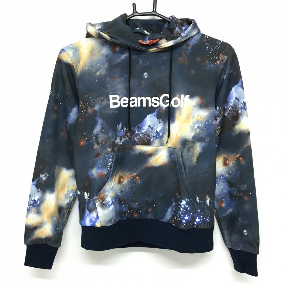 BEAMS GOLF ビームスゴルフ 総柄 フード付きスウェットパーカー ロゴ 美品】ビームスゴルフ パーカー グレー×イエロー系 総柄 ロゴプリント