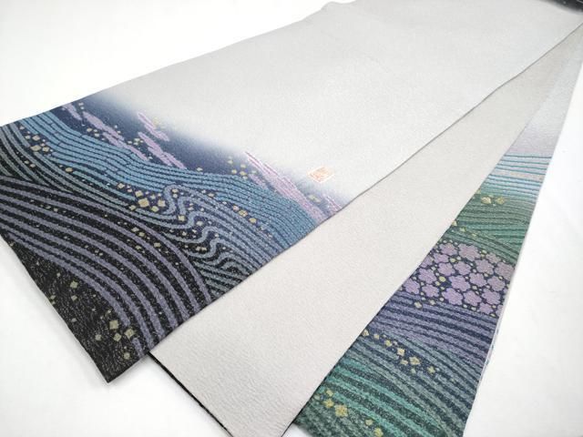 平和屋着物●極上　十日町　名門　滝泰謹製　太鼓柄袋帯　相良刺繍　おぼろ染　襲絞り　舞花文　銀通し地　逸品　未使用　CYAA4244s6 平和屋着物○十日町 名門 滝泰謹製 太鼓柄袋帯 中国三大刺繍 相良刺繍