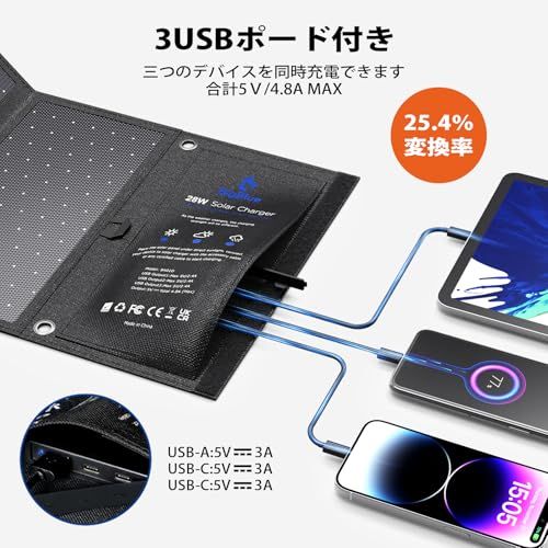 2025モデル BigBlue 28 W ソーラーパネル 小型 3ポートUSB-A|USB-C 3.0 A快速充電 5 V|4.8 A 25.4％転換効率 ソーラー充電器 折り畳み式 2カラビナ個 防水 地震 災害時 キャンプ アウ 0910447 f
