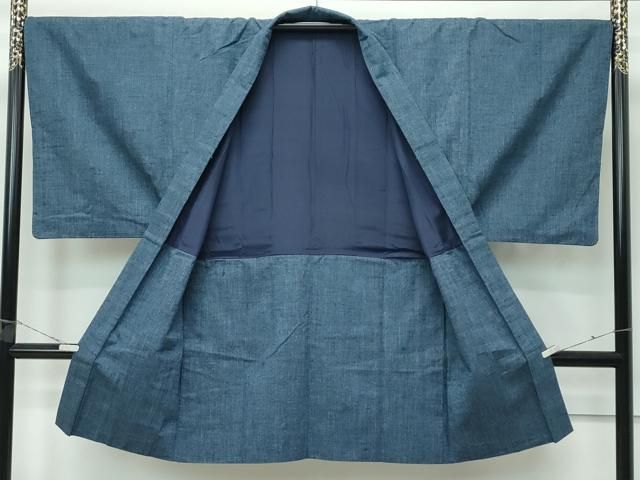 平和屋着物○男性 紬 アンサンブル 色無地 濃藍色 正絹 逸品