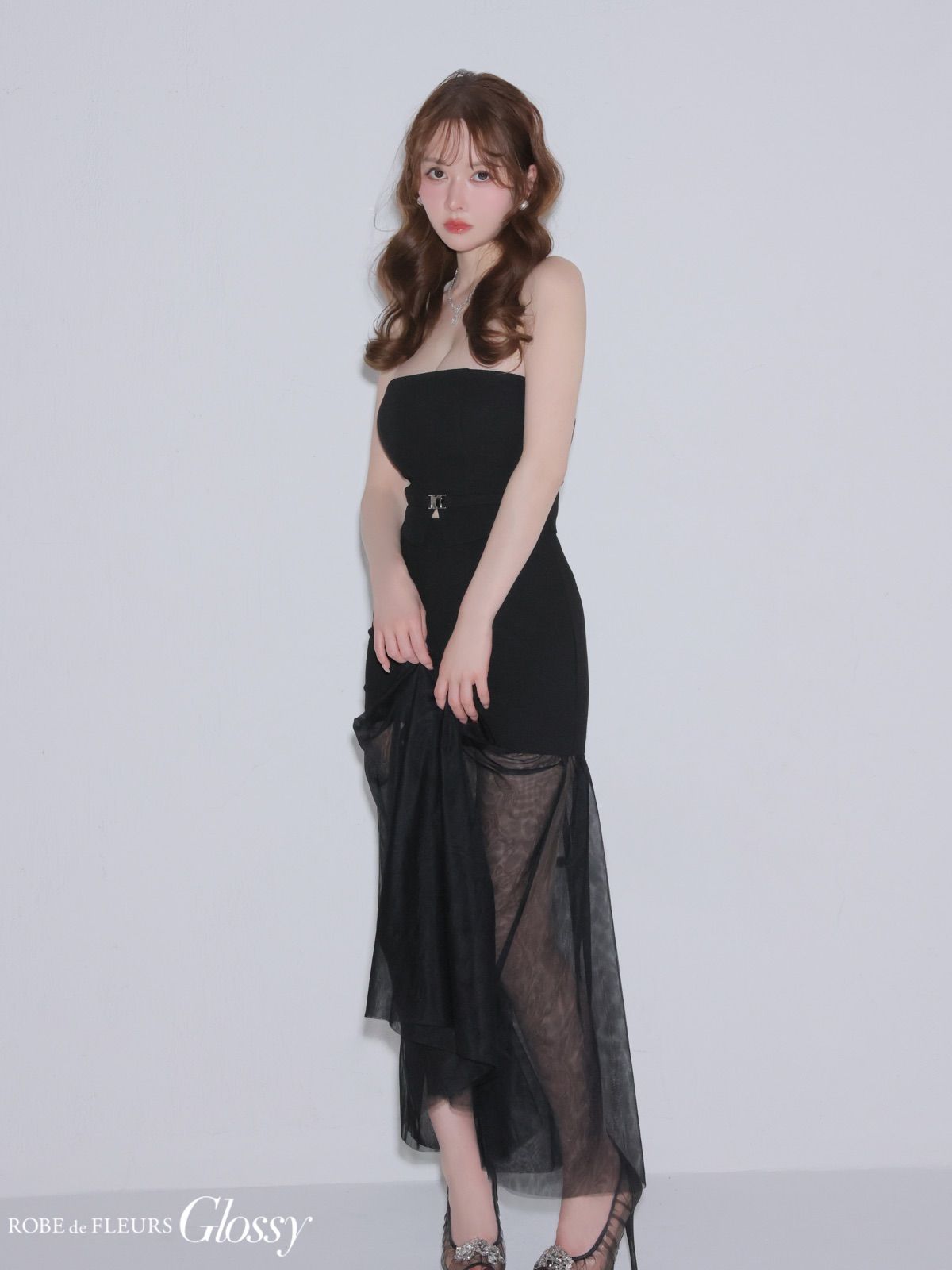 ROBE de FLEURS Glossy ブラック S ロングドレス Glossy/グロッシー】ROBE de FLEURSブラックロングドレス S