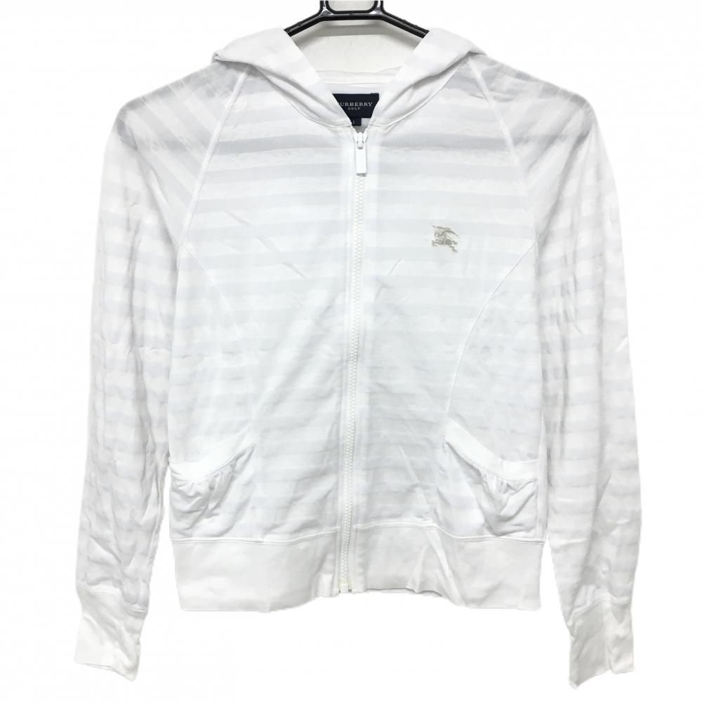 BURBERRY GOLF バーバリーゴルフ 長袖ウエア　ジップアップ　メッシュ バーバリーゴルフ ジップパーカー 白 ボーダー地模様 胸元ロゴ フード