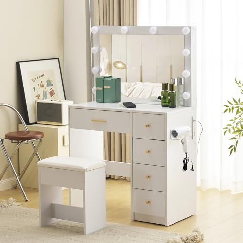 ドレッサー 化粧台 椅子付き 女優ミラー LEDライト 明るさ調整 鏡台 テーブル コンセント付き ドライヤーホルダー 大容量収納 引き出し サイド収納付き メイク台 可愛い おしゃれ 組立品 タイプＣ e 81 be 5 add
