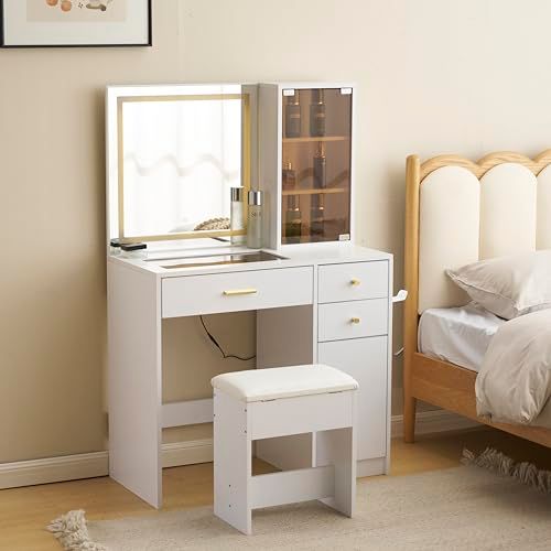 ドレッサー 化粧台 椅子付き 女優ミラー LEDライト 明るさ調整 鏡台 テーブル コンセント付き ドライヤーホルダー 大容量収納 引き出し サイド収納付き メイク台 可愛い おしゃれ 組立品 タイプＢ e 25 f 3680
