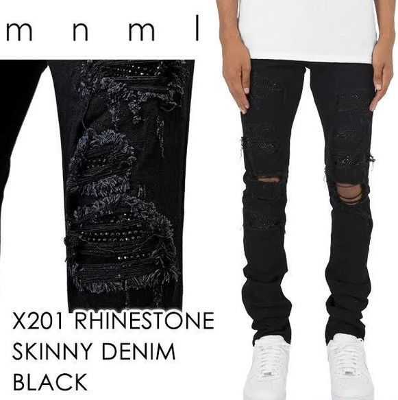 mnml X201 ブラックラインストーン装飾ストレッチスキニーデニムパンツ