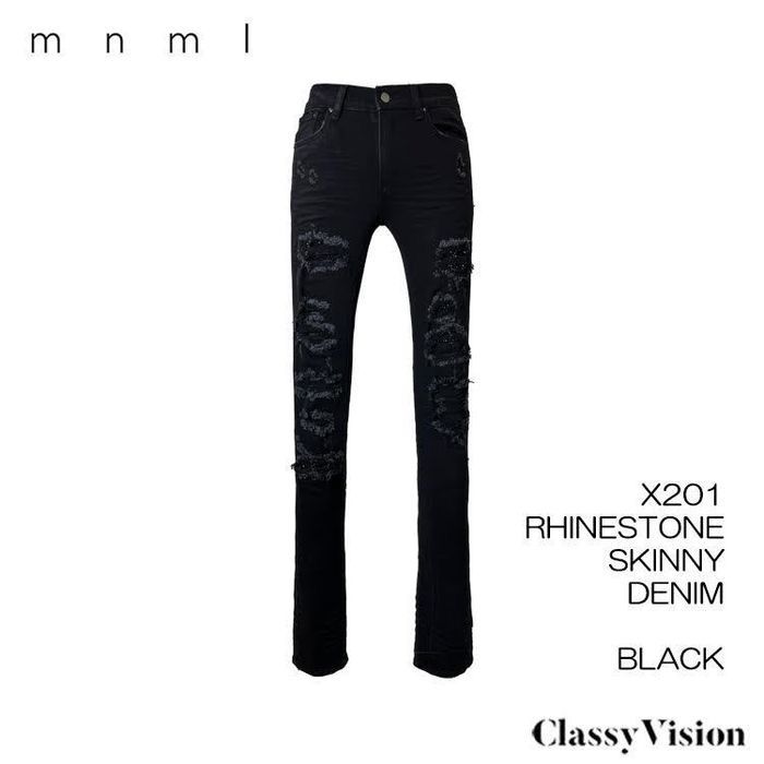mnml X201 ブラックラインストーン装飾ストレッチスキニーデニムパンツ