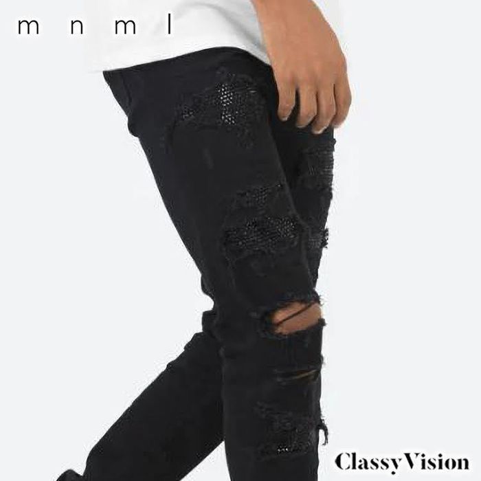 mnml X201 ブラックラインストーン装飾ストレッチスキニーデニムパンツ 
