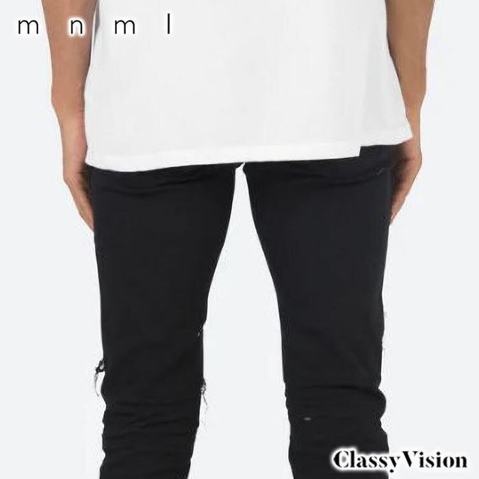 mnml X201 ブラックラインストーン装飾ストレッチスキニーデニムパンツ 