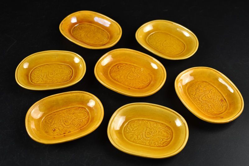 蔵A5907】淡路 民平焼 黄交趾小判皿 七枚 - メルカリ