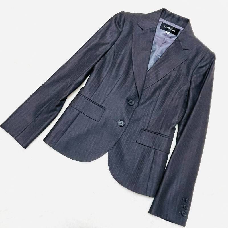 上質◎ミッシェルクラン シルク,ウール混 パンツスーツ シャドーストライプ ☆美品☆【MICHELKLEIN】ミッシェルクラン レディース スーツ スカート