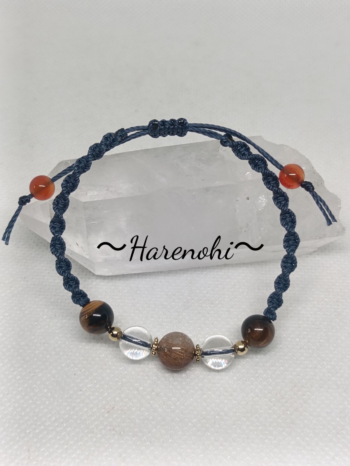 ルチルクォーツ・タイガーアイ使用♡ネイビーカラーマクラメ編み