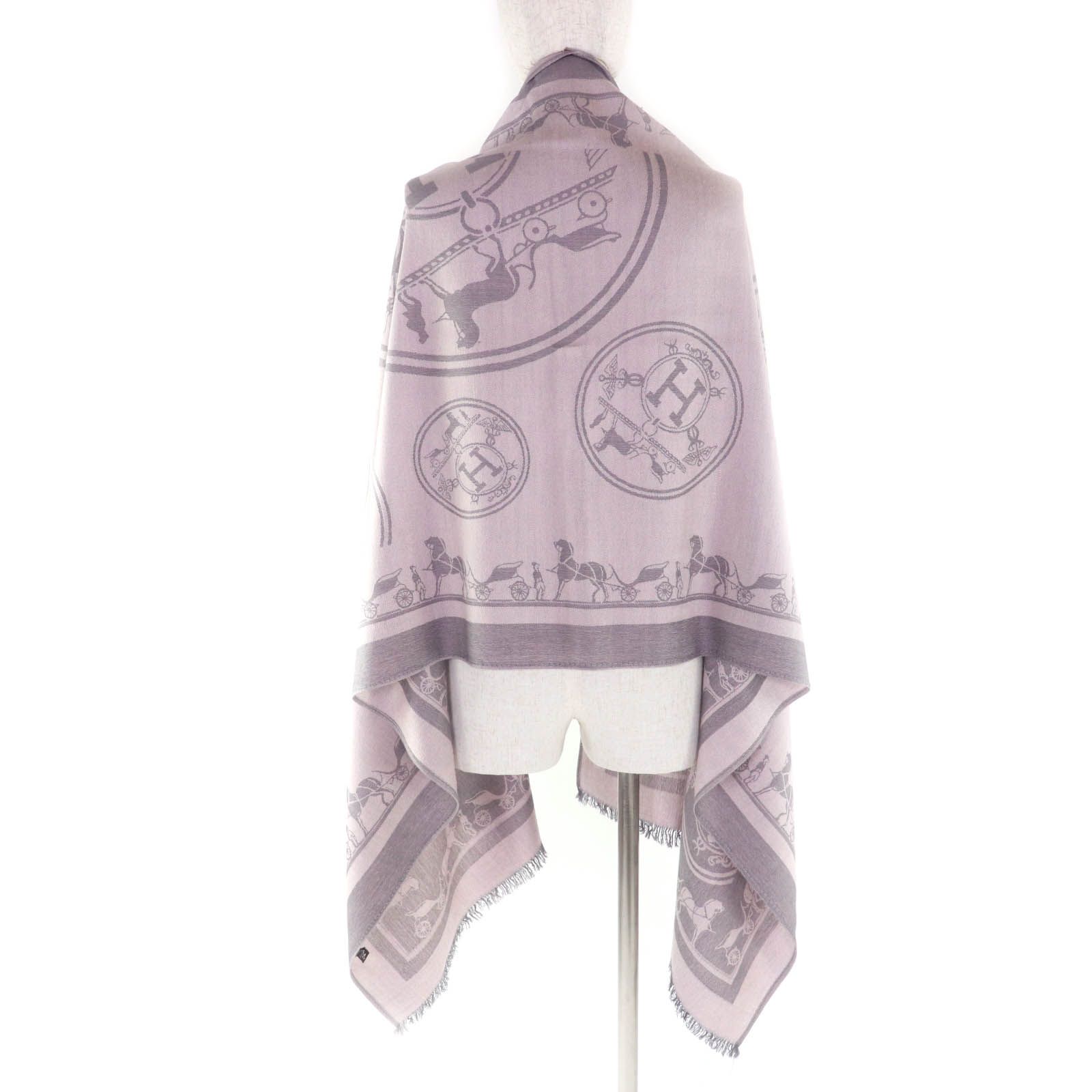 エルメス　大判ストール　グレージュ　カシミヤ　シルク　美品 美品☆HERMES エルメス カシミヤ シルク混 エクスリブリス フリンジ付