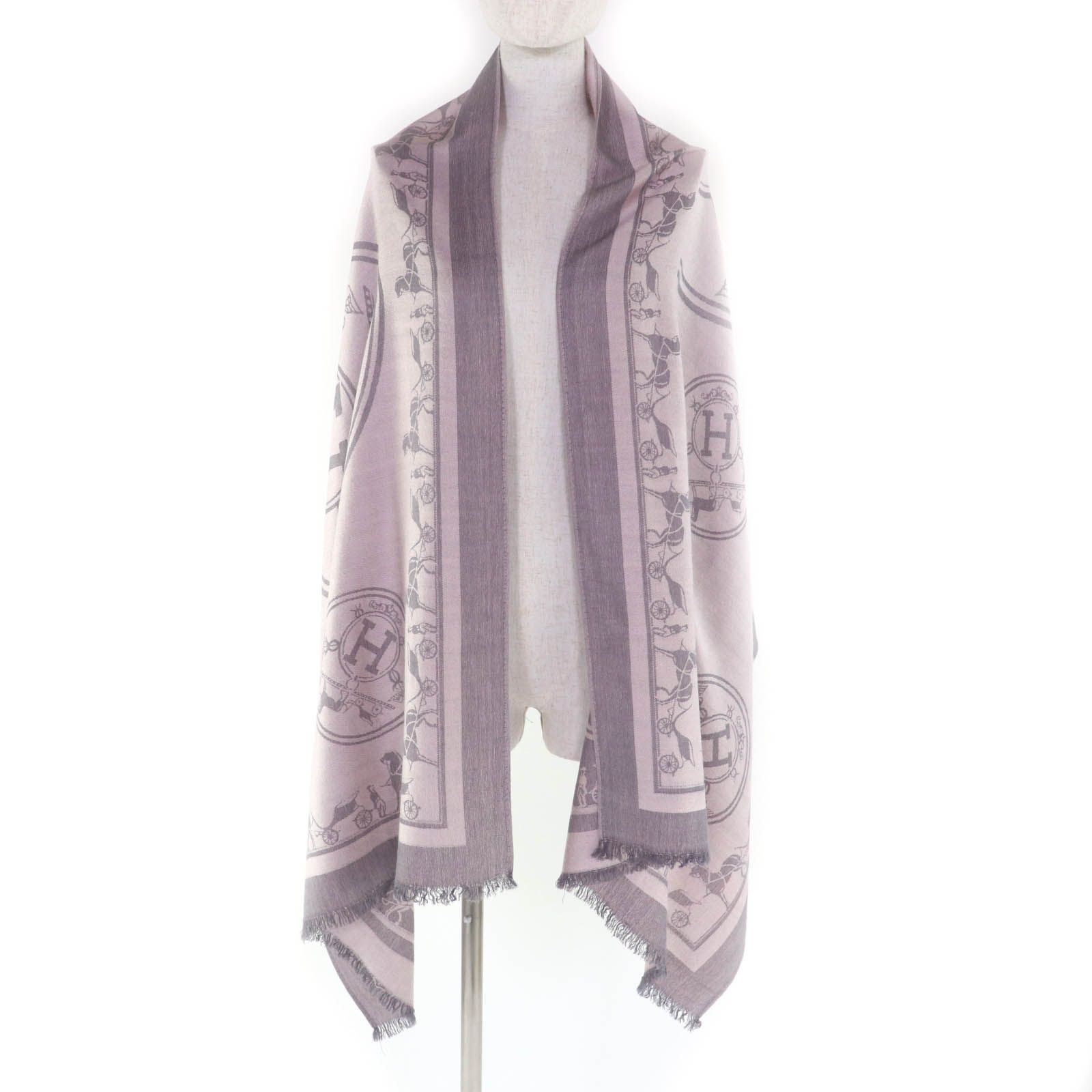 美品☆HERMES エルメス カシミヤ シルク混 エクスリブリス フリンジ付