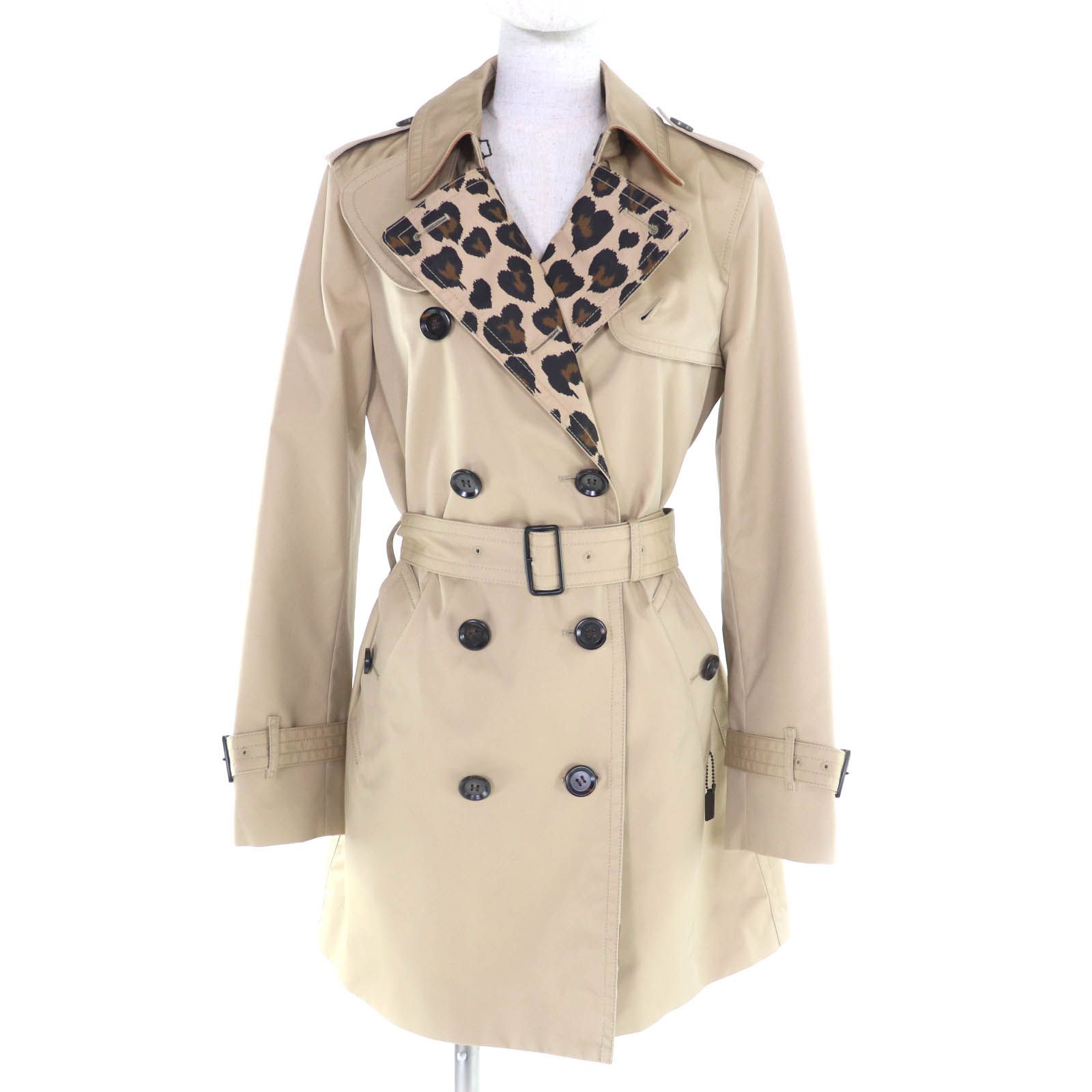 美品 COACH コーチ F33868 ベルト付 トレンチコート ベージュ S 極美品☆COACH コーチ F33868 ベルト付 裏地シグネチャー レオパード柄