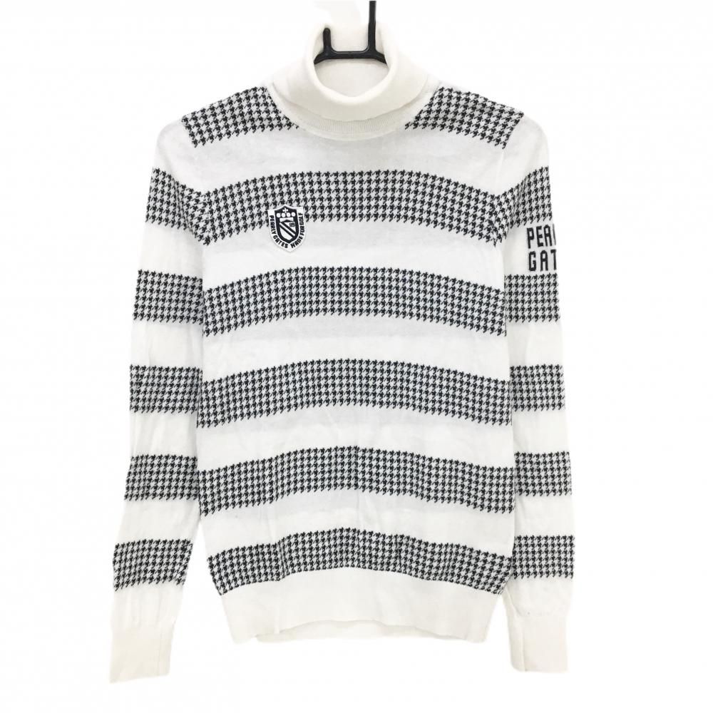 PEARLEY GATES パーリーゲイツ タートルネック ニットセーター 白6 パーリーゲイツ タートルネックセーター 白×ネイビー 千鳥格子ボーダー