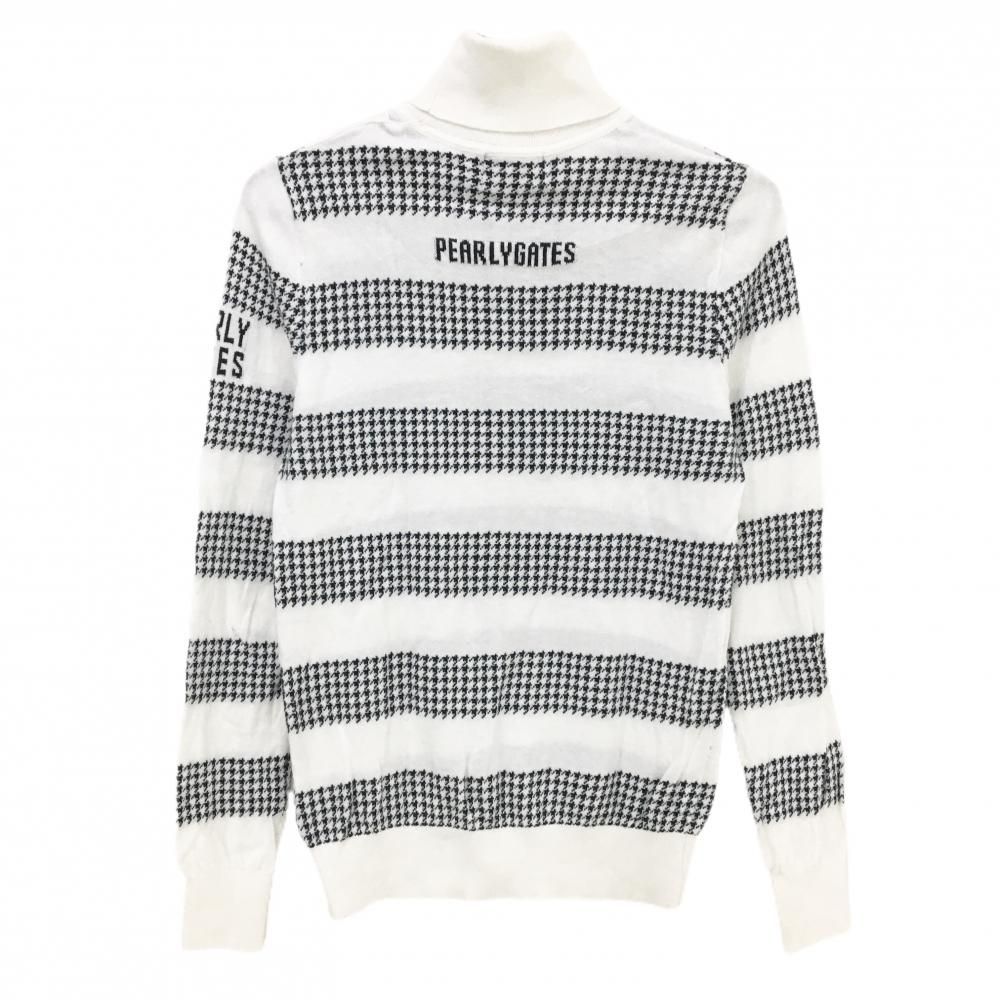 パーリーゲイツ タートルネックセーター 白×ネイビー 千鳥格子ボーダー